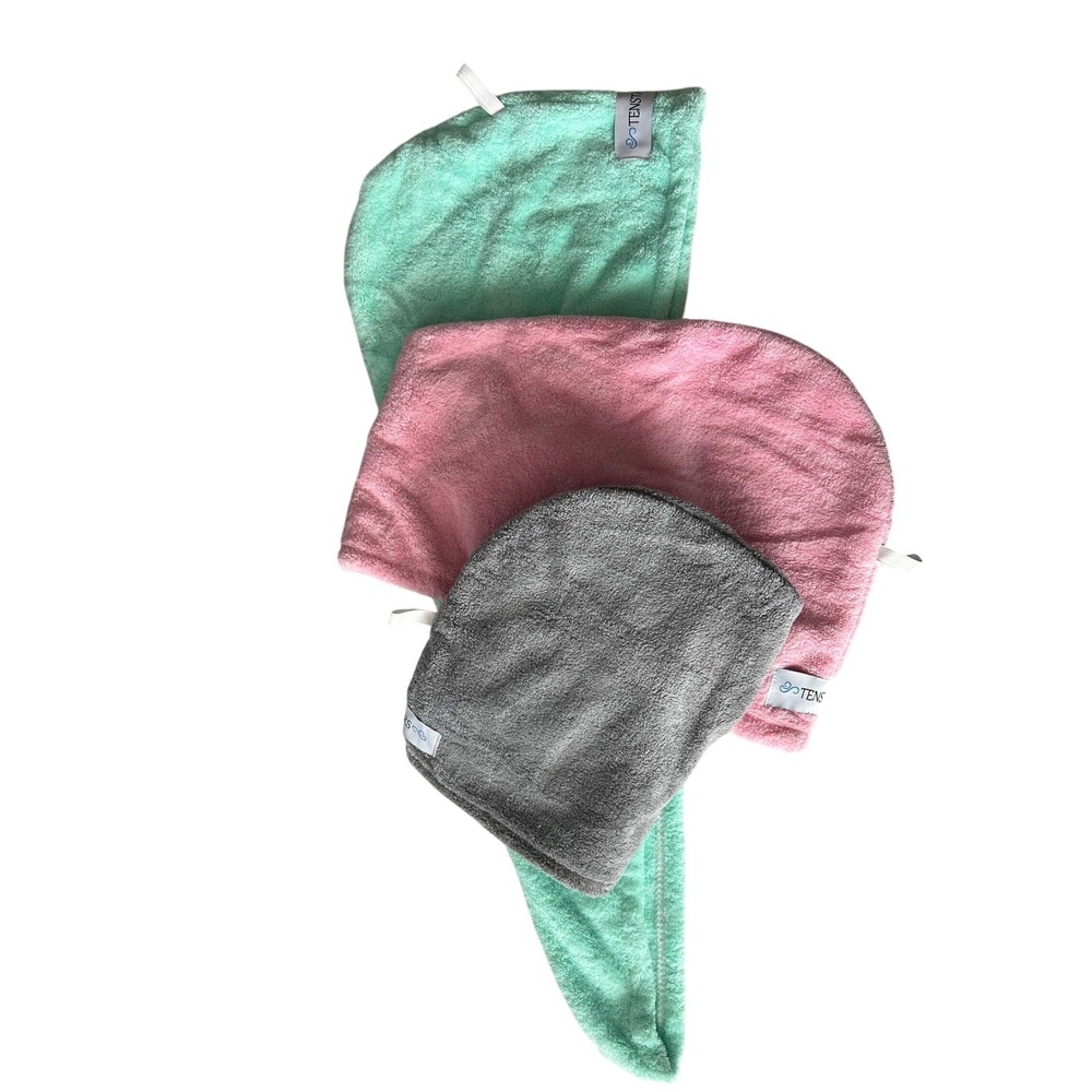 NEW:Tenstars Microfiber Hair Towel Wrap Turban 3 Pack Mint Pink Grey Button Loop